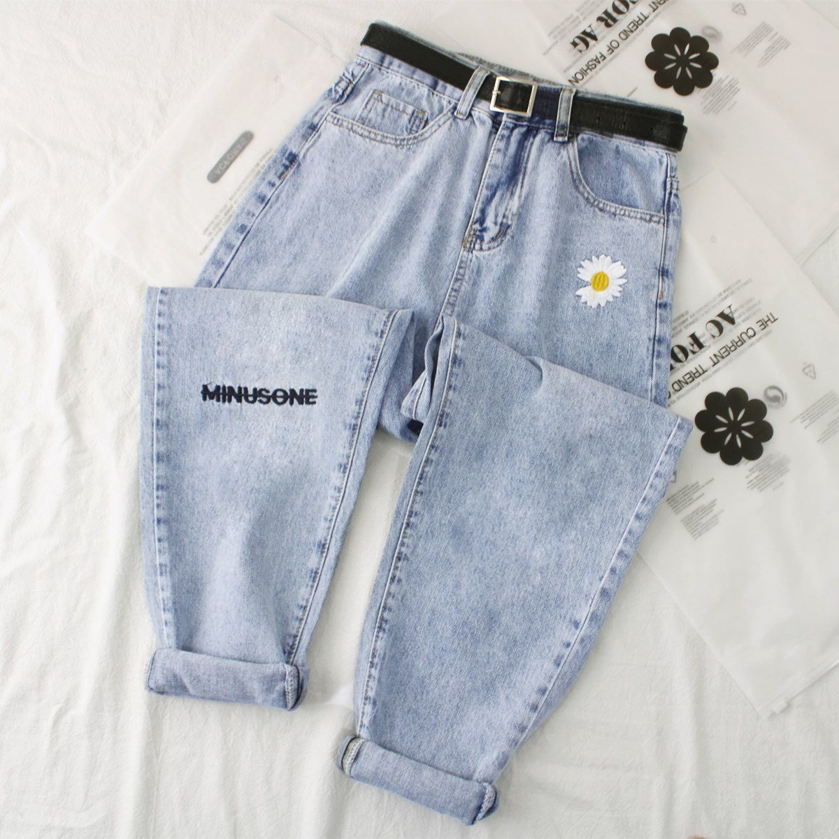 Daisy Embroidery Denim Jean Women High Waist Jeans Plus Size Denim Harem Trousers Mujer Vintage Casual Jeans Straight Women Pant