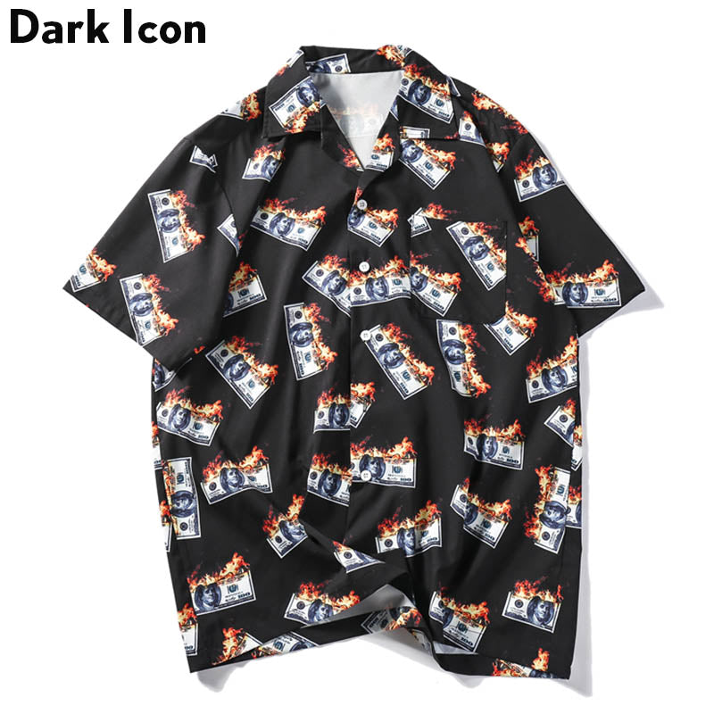 Dark Icon Flame Usdollar Shirts Men 2019 Summer Turn-Down Collar Men'S Shirts Streetwear Hip Hop Shirts