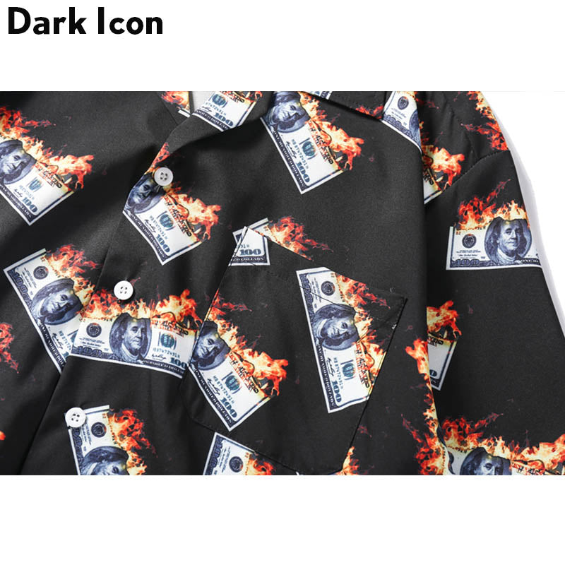 Dark Icon Flame Usdollar Shirts Men 2019 Summer Turn-Down Collar Men'S Shirts Streetwear Hip Hop Shirts