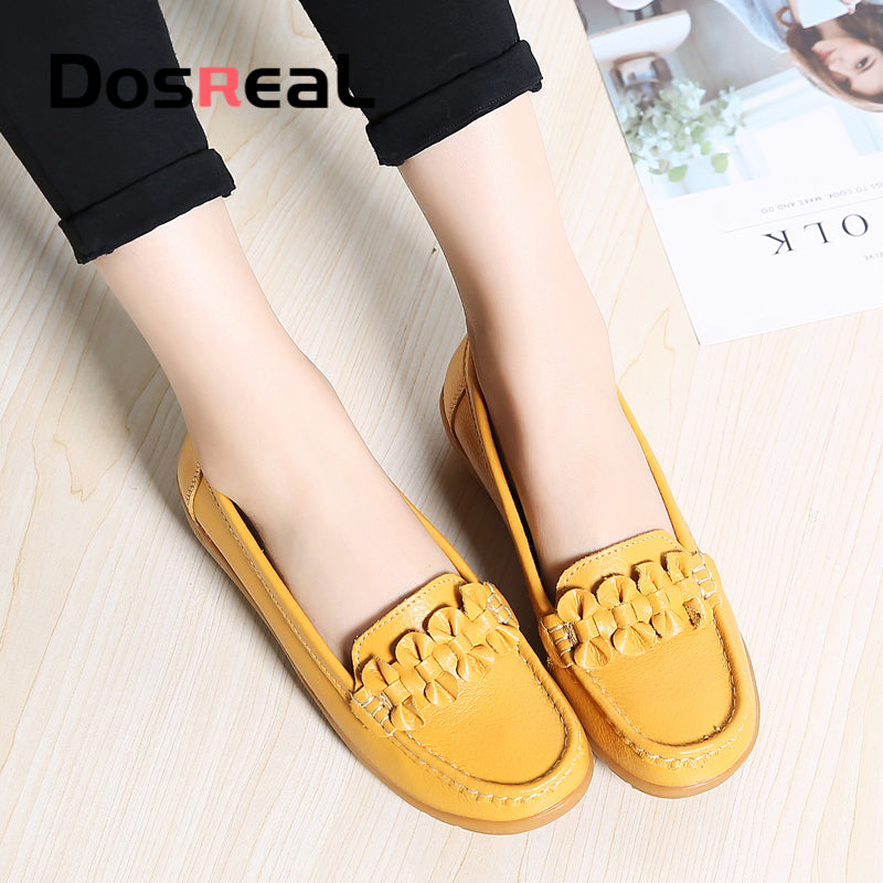 Dosreal Women Black Loafers Shoes New Genuine Leather Flats Shoes For Female Slip-On Womens Simple Flower Casual Shoes