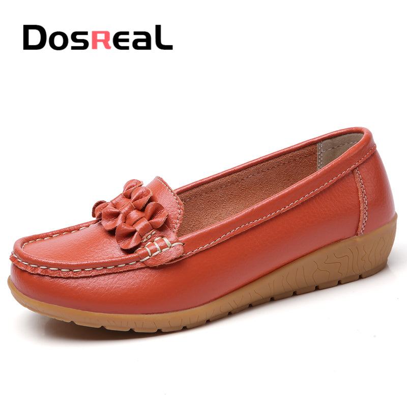 Dosreal Women Black Loafers Shoes New Genuine Leather Flats Shoes For Female Slip-On Womens Simple Flower Casual Shoes