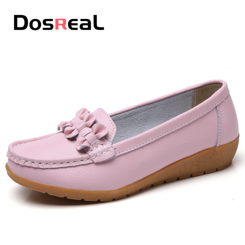 Dosreal Women Black Loafers Shoes New Genuine Leather Flats Shoes For Female Slip-On Womens Simple Flower Casual Shoes