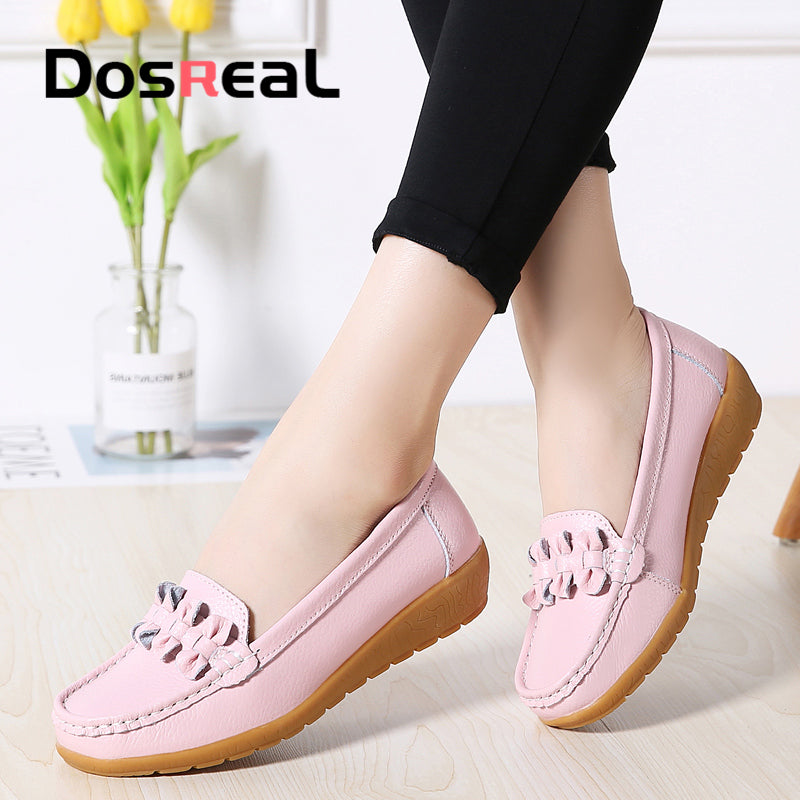 Dosreal Women Black Loafers Shoes New Genuine Leather Flats Shoes For Female Slip-On Womens Simple Flower Casual Shoes