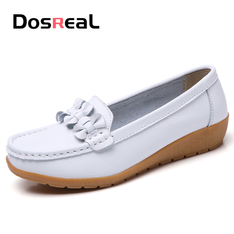 Dosreal Women Black Loafers Shoes New Genuine Leather Flats Shoes For Female Slip-On Womens Simple Flower Casual Shoes