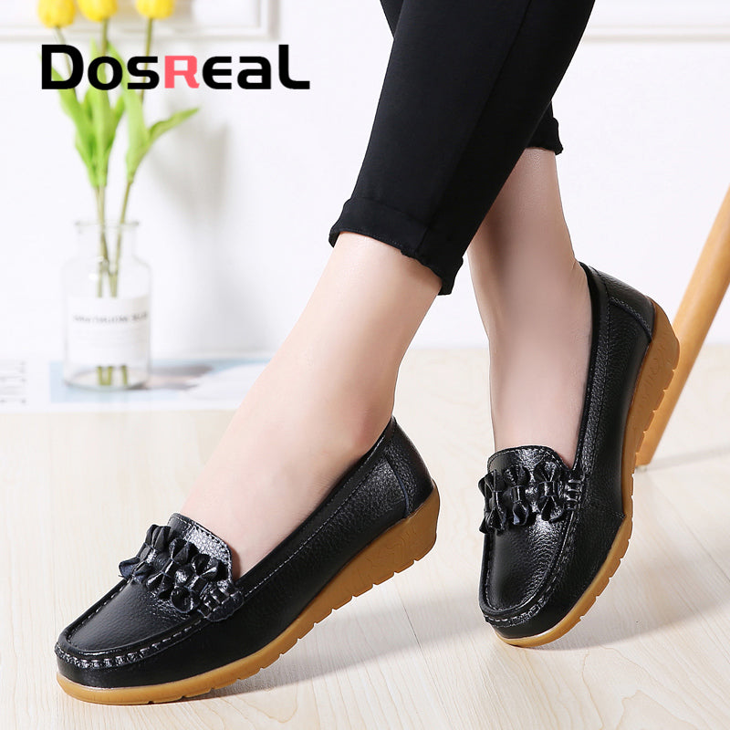 Dosreal Women Black Loafers Shoes New Genuine Leather Flats Shoes For Female Slip-On Womens Simple Flower Casual Shoes