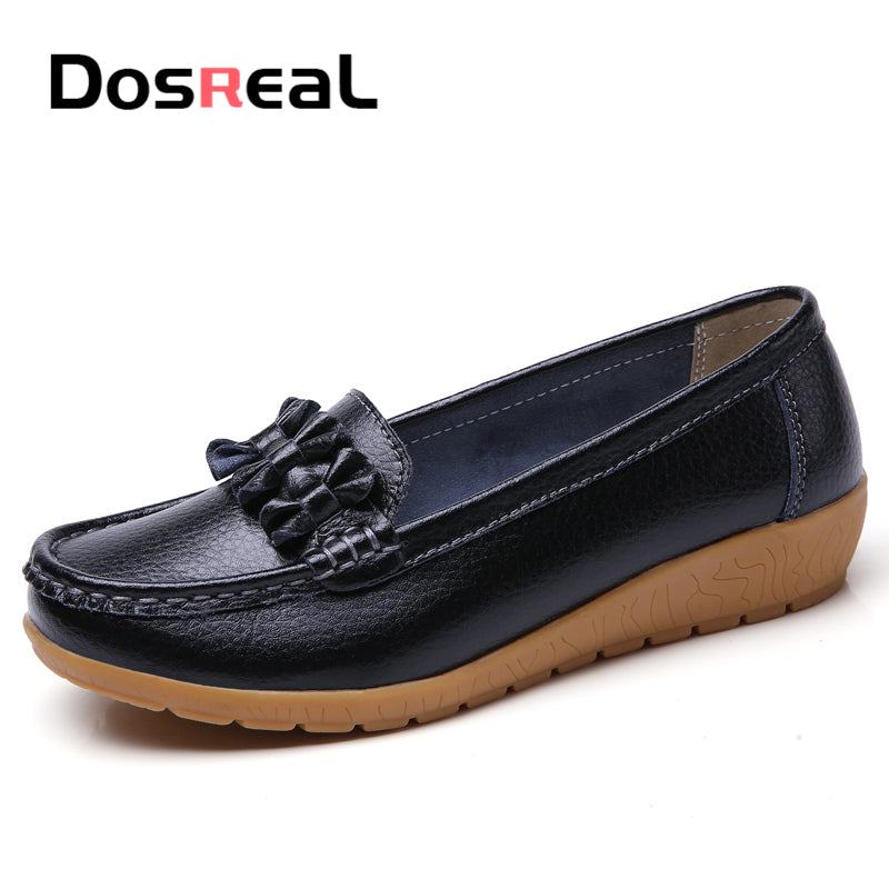 Dosreal Women Black Loafers Shoes New Genuine Leather Flats Shoes For Female Slip-On Womens Simple Flower Casual Shoes