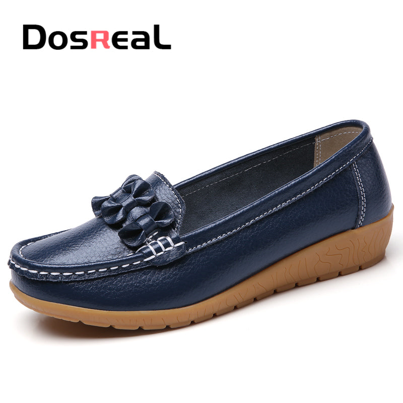 Dosreal Women Black Loafers Shoes New Genuine Leather Flats Shoes For Female Slip-On Womens Simple Flower Casual Shoes