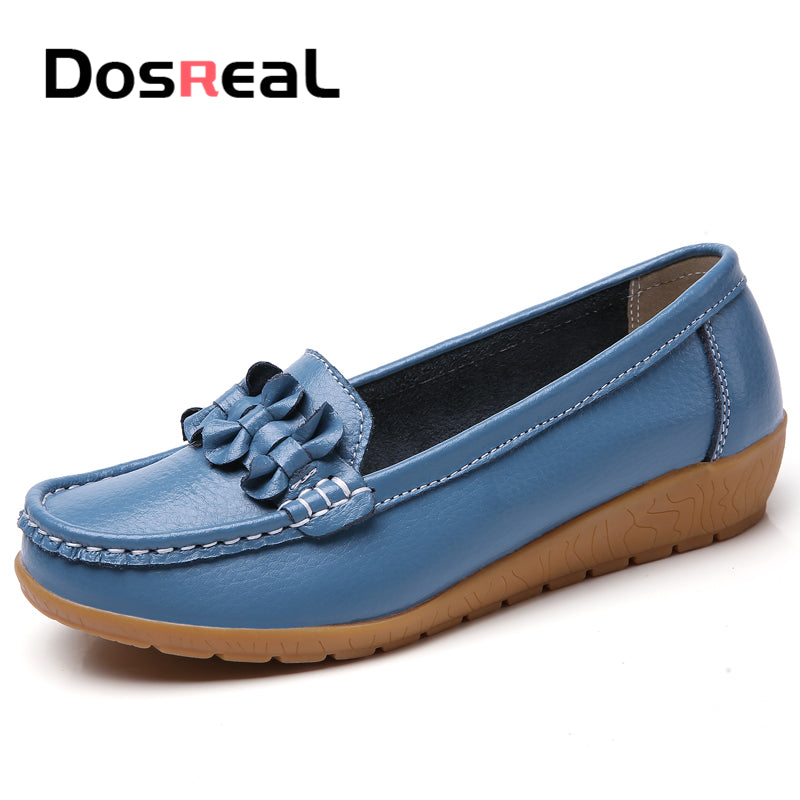 Dosreal Women Black Loafers Shoes New Genuine Leather Flats Shoes For Female Slip-On Womens Simple Flower Casual Shoes