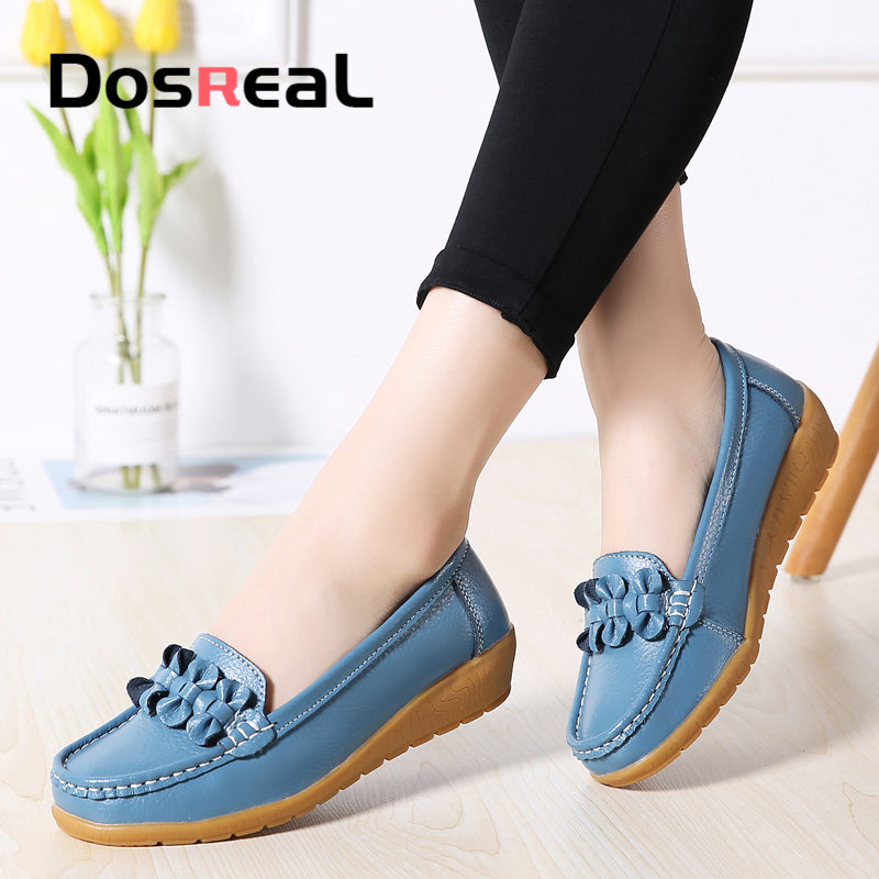 Dosreal Women Black Loafers Shoes New Genuine Leather Flats Shoes For Female Slip-On Womens Simple Flower Casual Shoes