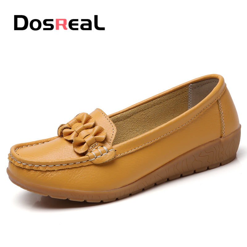 Dosreal Women Black Loafers Shoes New Genuine Leather Flats Shoes For Female Slip-On Womens Simple Flower Casual Shoes