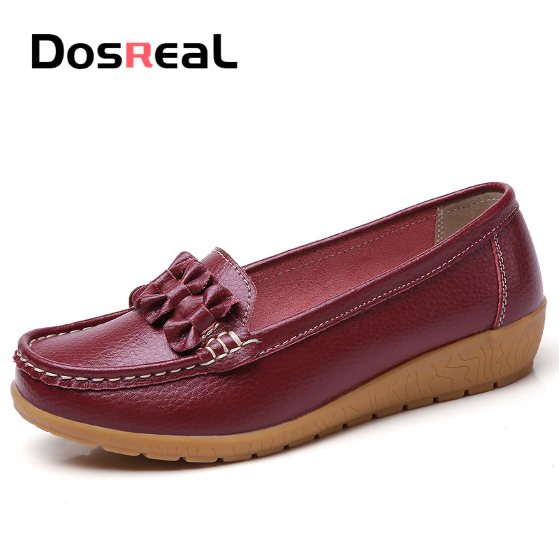 Dosreal Women Black Loafers Shoes New Genuine Leather Flats Shoes For Female Slip-On Womens Simple Flower Casual Shoes