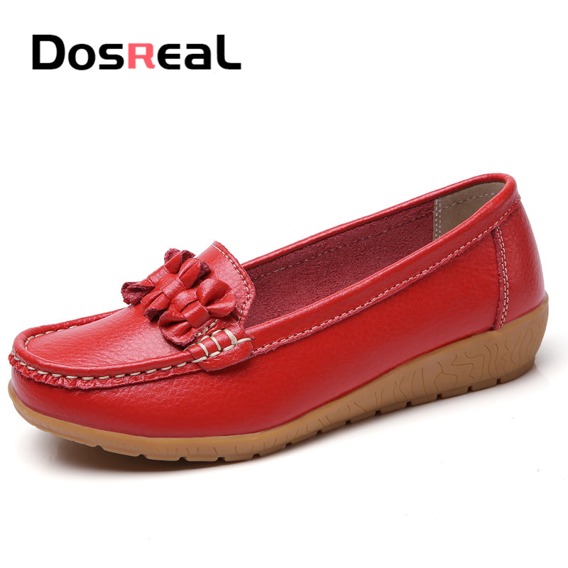 Dosreal Women Black Loafers Shoes New Genuine Leather Flats Shoes For Female Slip-On Womens Simple Flower Casual Shoes