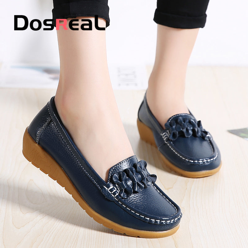 Dosreal Women Black Loafers Shoes New Genuine Leather Flats Shoes For Female Slip-On Womens Simple Flower Casual Shoes