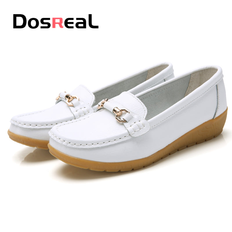 Dosreal Women Cow Leather Loafers Shoes Ladies Metal Buckle Flats Shoes Spring Comfortable Slip-On Footwear For Female Plus Size