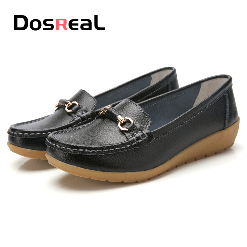 Dosreal Women Cow Leather Loafers Shoes Ladies Metal Buckle Flats Shoes Spring Comfortable Slip-On Footwear For Female Plus Size