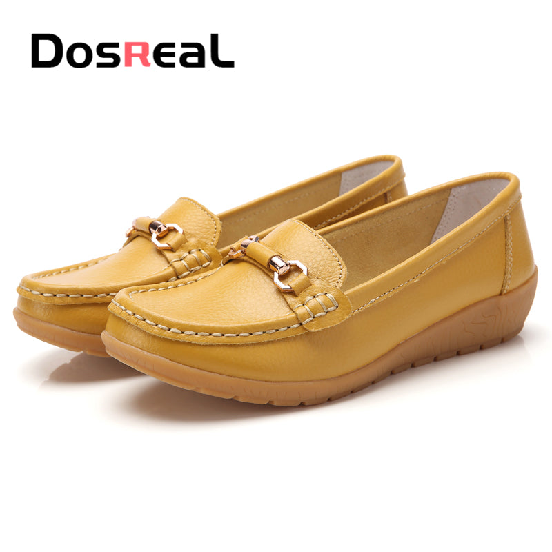 Dosreal Women Cow Leather Loafers Shoes Ladies Metal Buckle Flats Shoes Spring Comfortable Slip-On Footwear For Female Plus Size