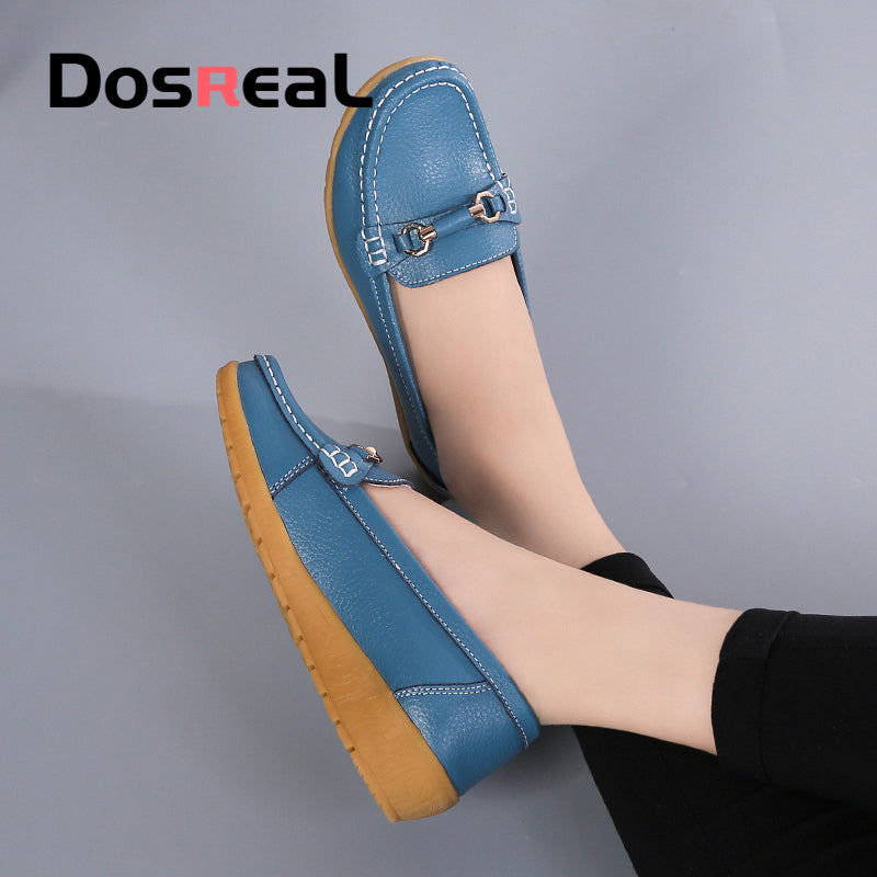 Dosreal Women Cow Leather Loafers Shoes Ladies Metal Buckle Flats Shoes Spring Comfortable Slip-On Footwear For Female Plus Size