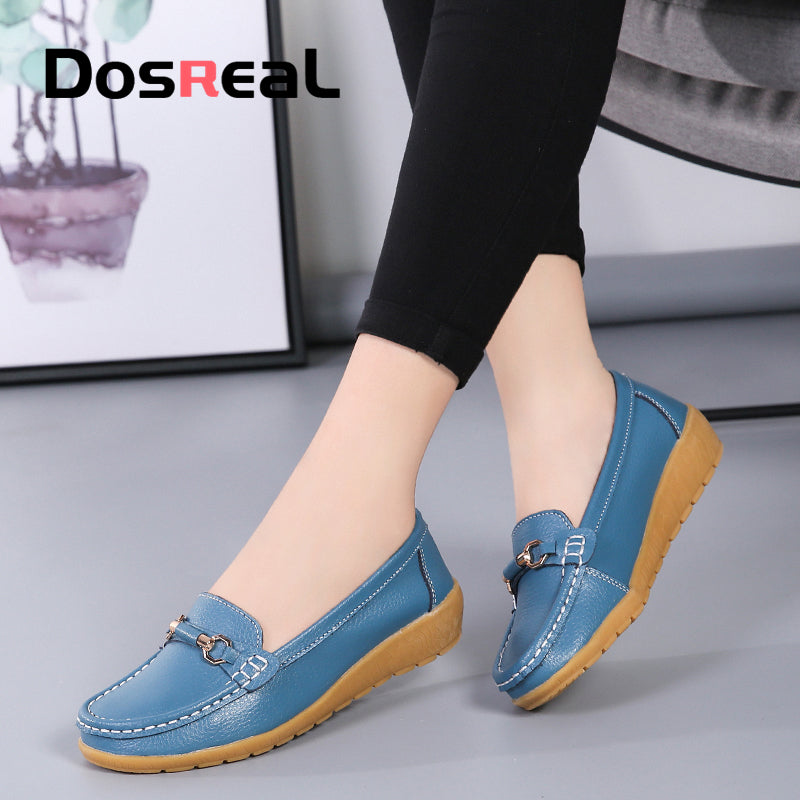 Dosreal Women Cow Leather Loafers Shoes Ladies Metal Buckle Flats Shoes Spring Comfortable Slip-On Footwear For Female Plus Size