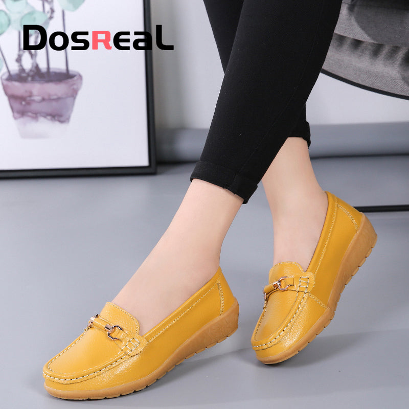 Dosreal Women Cow Leather Loafers Shoes Ladies Metal Buckle Flats Shoes Spring Comfortable Slip-On Footwear For Female Plus Size