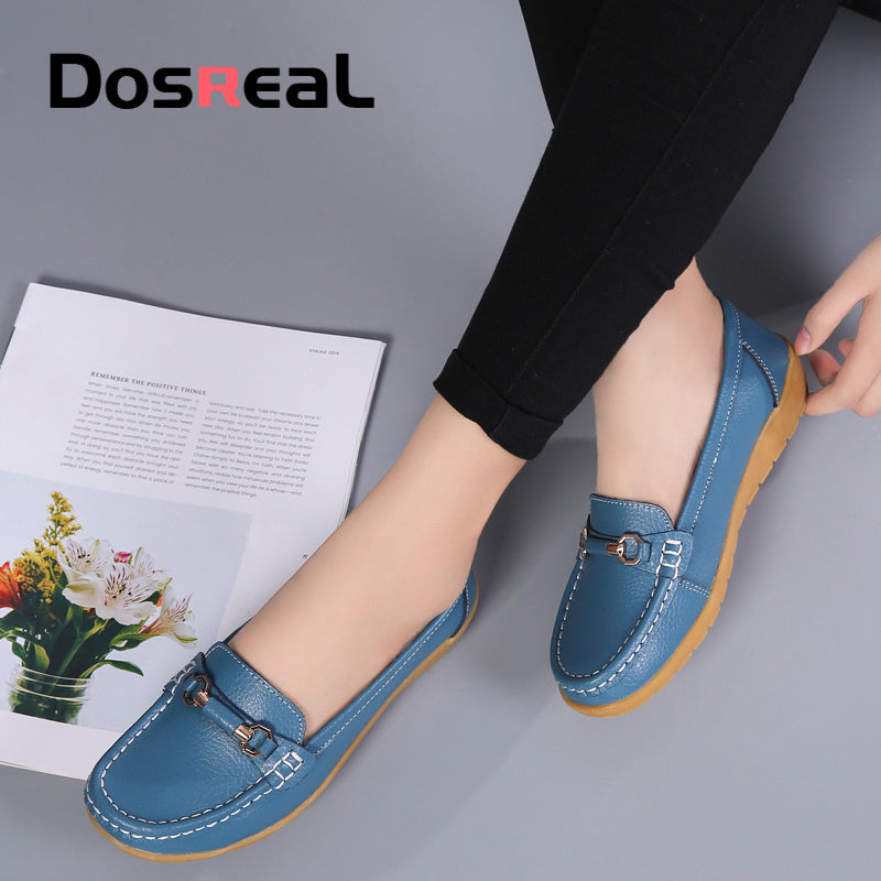 Dosreal Women Cow Leather Loafers Shoes Ladies Metal Buckle Flats Shoes Spring Comfortable Slip-On Footwear For Female Plus Size