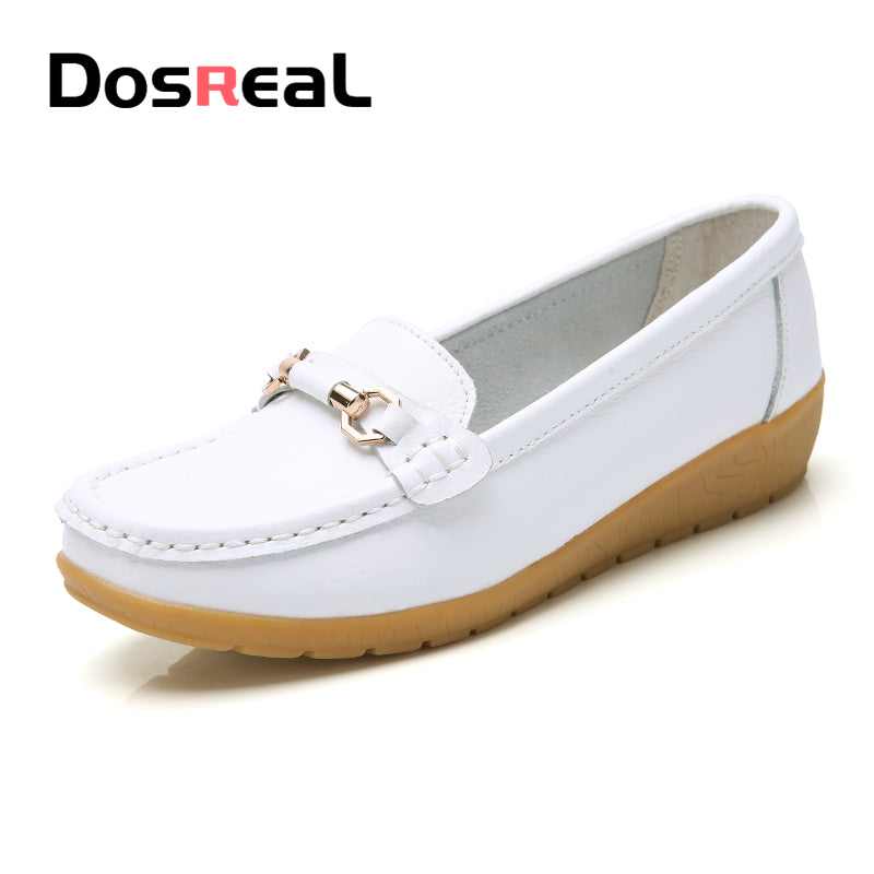 Dosreal Women Cow Leather Loafers Shoes Ladies Metal Buckle Flats Shoes Spring Comfortable Slip-On Footwear For Female Plus Size