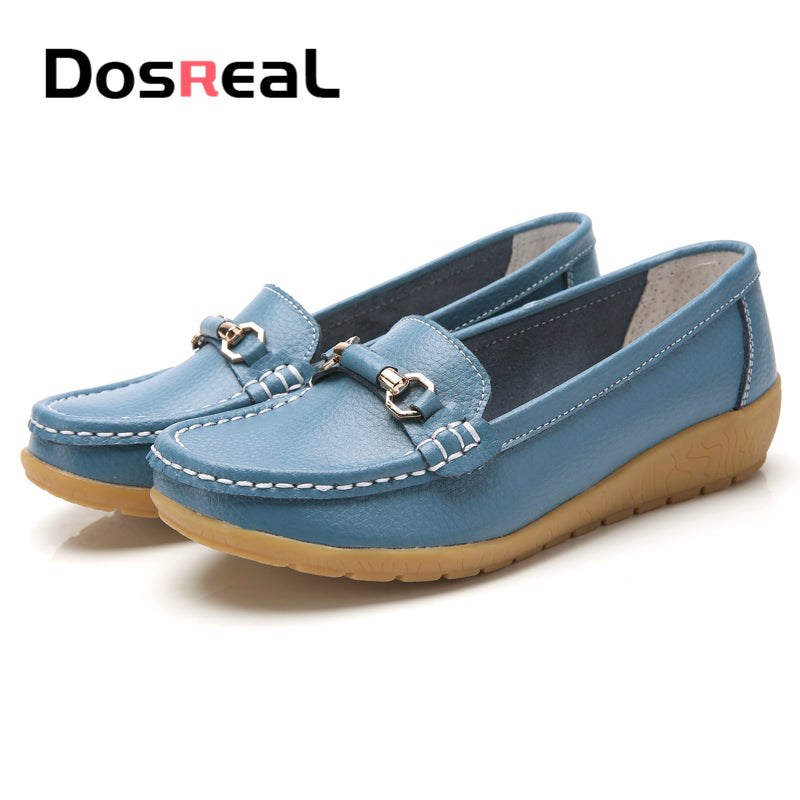 Dosreal Women Cow Leather Loafers Shoes Ladies Metal Buckle Flats Shoes Spring Comfortable Slip-On Footwear For Female Plus Size