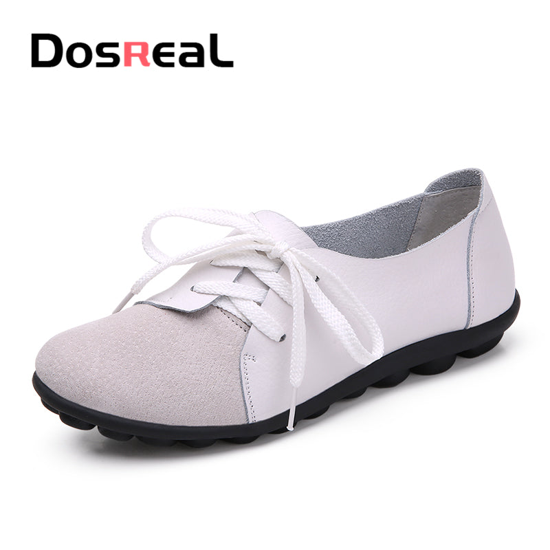 Dosreal Women Fashion Flats Shoes Lace Up Loafers Shoes Outdoor Walking Shoes Female Ballet Flats Cow Leather Driving Shoes