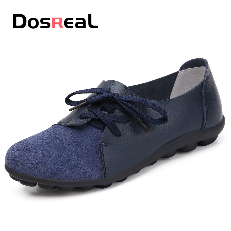 Dosreal Women Fashion Flats Shoes Lace Up Loafers Shoes Outdoor Walking Shoes Female Ballet Flats Cow Leather Driving Shoes