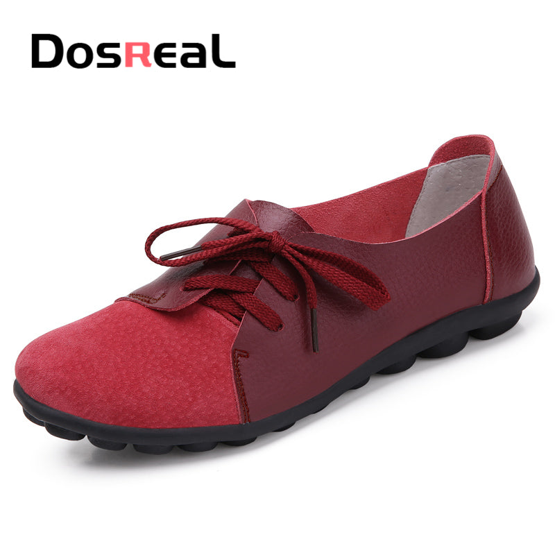 Dosreal Women Fashion Flats Shoes Lace Up Loafers Shoes Outdoor Walking Shoes Female Ballet Flats Cow Leather Driving Shoes