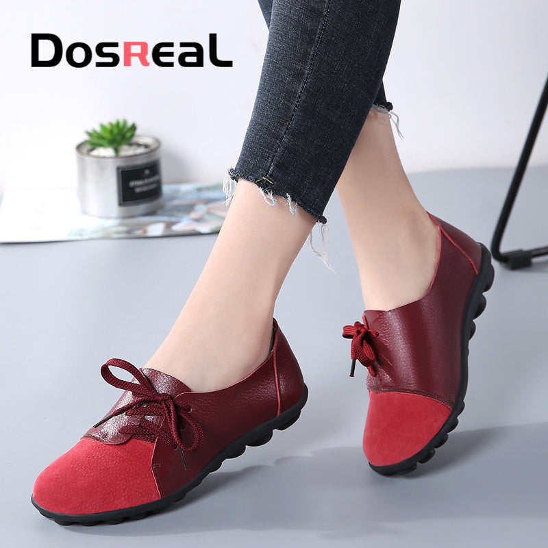 Dosreal Women Fashion Flats Shoes Lace Up Loafers Shoes Outdoor Walking Shoes Female Ballet Flats Cow Leather Driving Shoes