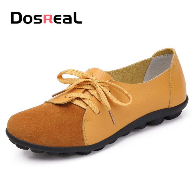 Dosreal Women Fashion Flats Shoes Lace Up Loafers Shoes Outdoor Walking Shoes Female Ballet Flats Cow Leather Driving Shoes