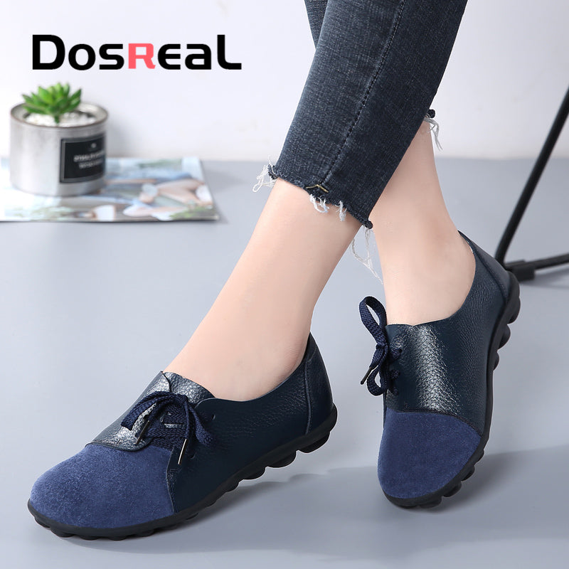 Dosreal Women Fashion Flats Shoes Lace Up Loafers Shoes Outdoor Walking Shoes Female Ballet Flats Cow Leather Driving Shoes