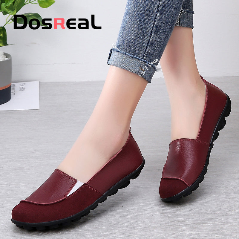 Dosreal Women Flats Shoes Cow Leather Shallow Fashion Loafers Shoes For Females Sewing Ballet Flats Moccasins Soft Loafers Shoes