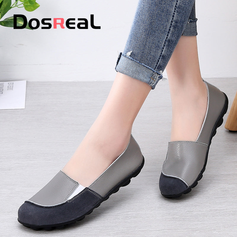 Dosreal Women Flats Shoes Cow Leather Shallow Fashion Loafers Shoes For Females Sewing Ballet Flats Moccasins Soft Loafers Shoes