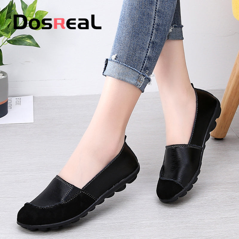 Dosreal Women Flats Shoes Cow Leather Shallow Fashion Loafers Shoes For Females Sewing Ballet Flats Moccasins Soft Loafers Shoes