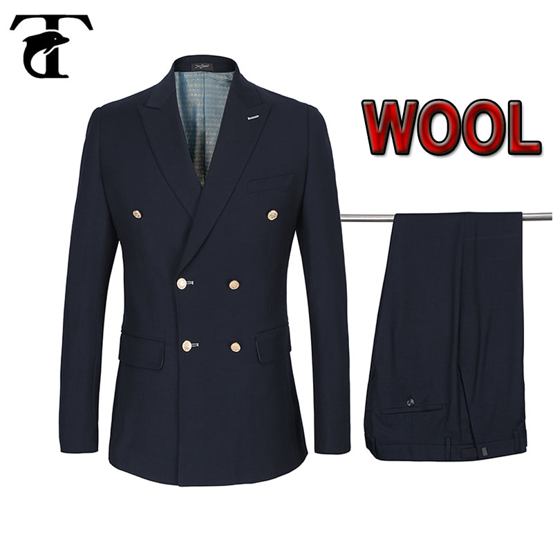 Double-Breasted Wedding Men Suits Casual Business Wool Suit Gold-Buttons 2 Pcs Set Costume Homme Blazers+Pants Slim Fit Tuxedos