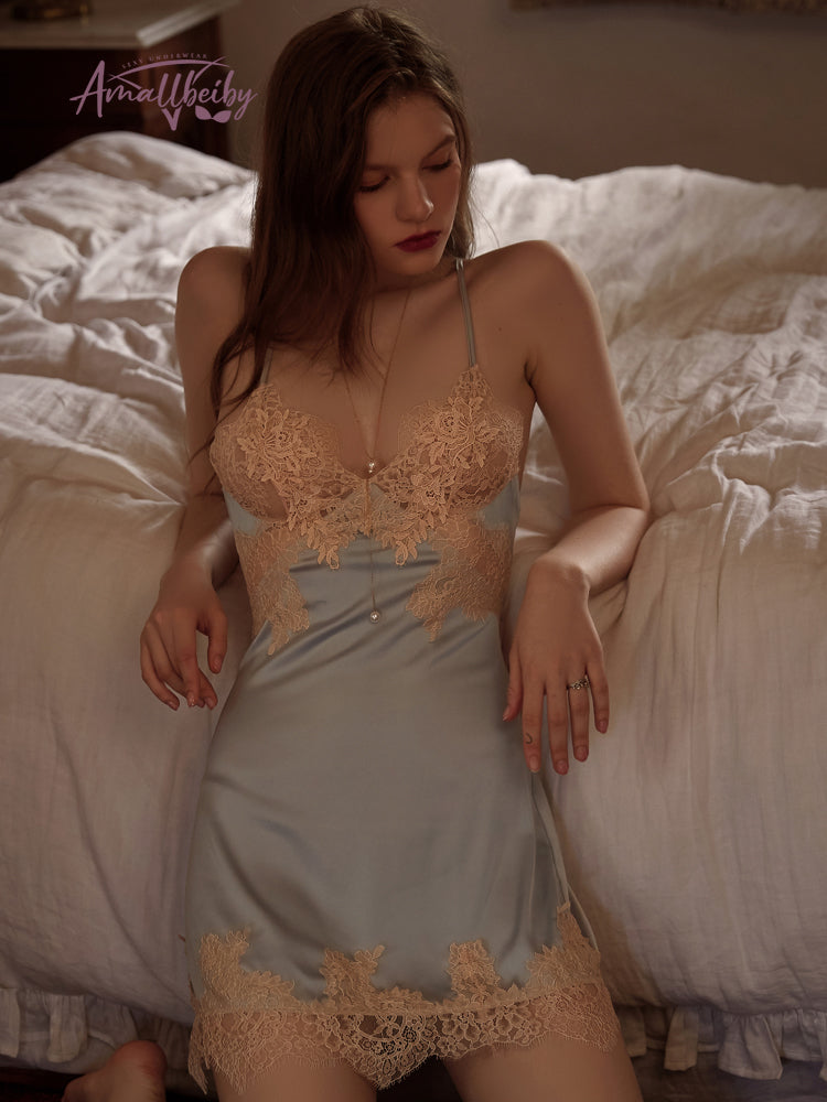 Dream Blue Nightdress Autumn Elegant Luxury Sexy Split Suspenders Female Beauty Back Lace Silky Dress With Panty Sleeping Dress