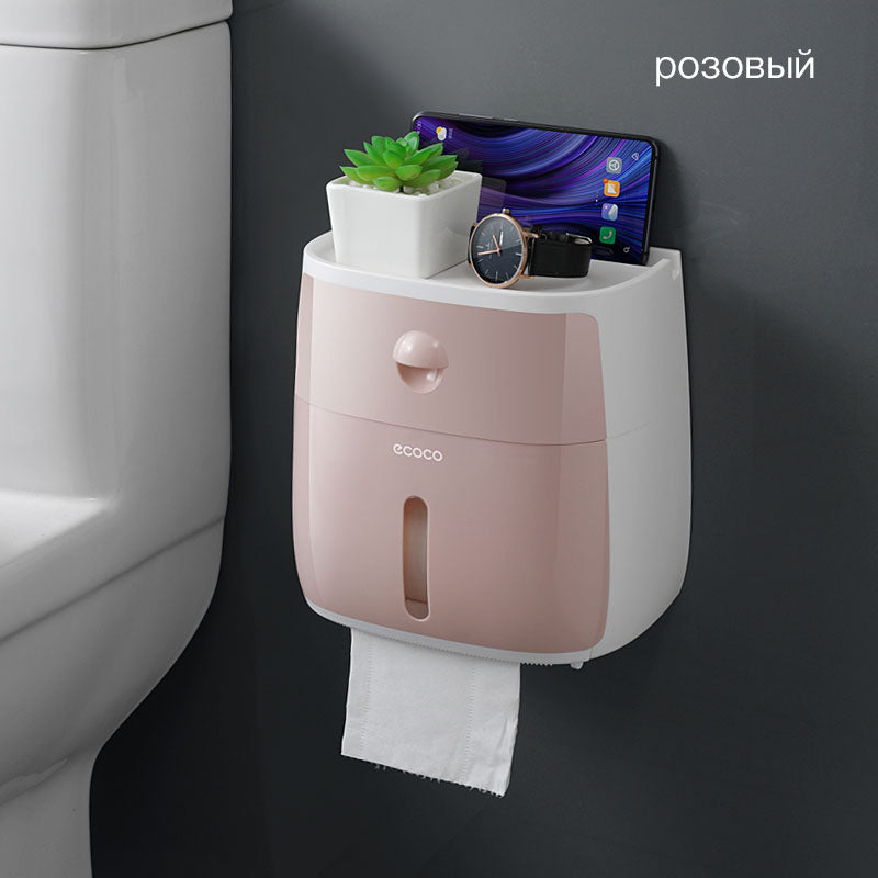Ecoco Toilet Paper Holder Waterproof Wall Mounted Bathroom Roll Tissue Box With Storage Drawer No-Drill Household Napkin Holder
