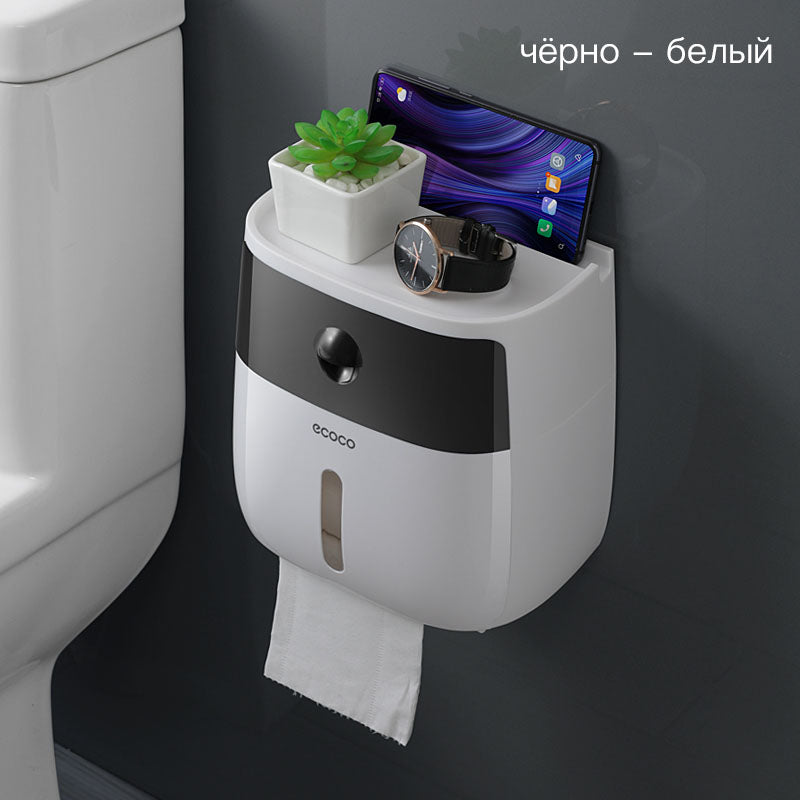 Ecoco Toilet Paper Holder Waterproof Wall Mounted Bathroom Roll Tissue Box With Storage Drawer No-Drill Household Napkin Holder