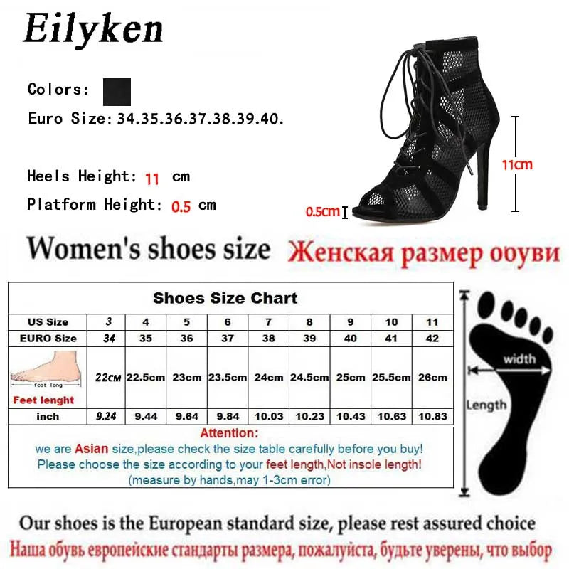 Eilyken 2023 Fashion Black Summer Sandals Lace Up Cross-Tied Peep Toe High Heel Ankle Strap Net Surface Hollow Out Shoes