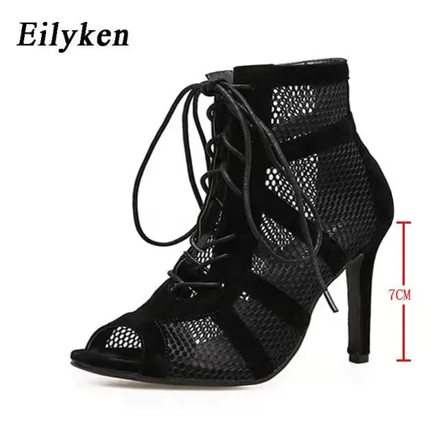 Eilyken 2023 Fashion Black Summer Sandals Lace Up Cross-Tied Peep Toe High Heel Ankle Strap Net Surface Hollow Out Shoes