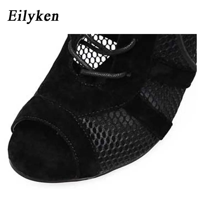 Eilyken 2023 Fashion Black Summer Sandals Lace Up Cross-Tied Peep Toe High Heel Ankle Strap Net Surface Hollow Out Shoes