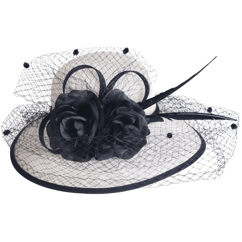 Elegant Woman Beige White Linen Wedding Church Hat With Veils And Floral Summer Wide Brim Floppy Ladies Kentucky Derby B-8141