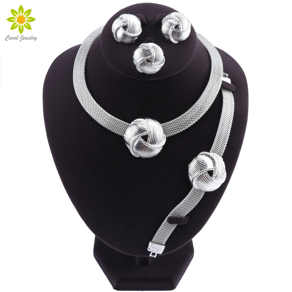 Exquisite Dubai Silver Plated Necklace Earrings Set Wedding Accessories Jewelry Set African Women Costume Jewelry Set