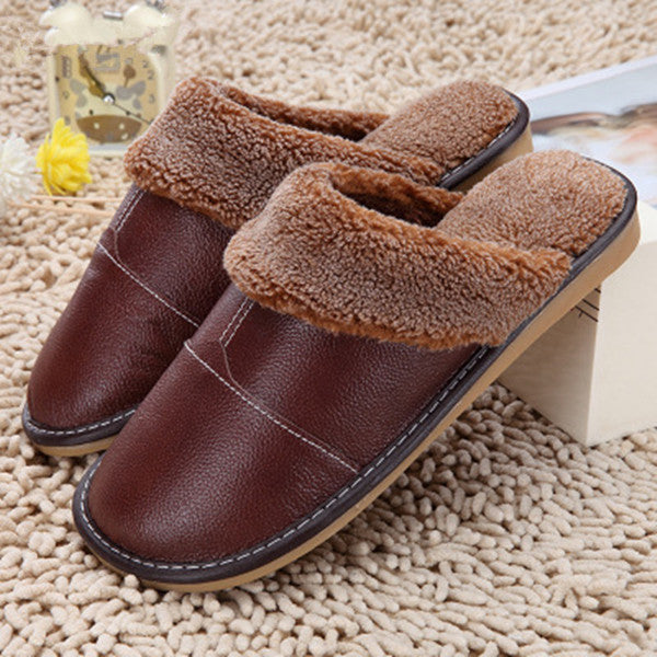 Fayuekey New Fashion Winter Leather Home Slippers Men Indoor Floor Outdoor Slippers Warm Cotton Plush Non-Slip Flat Shoes