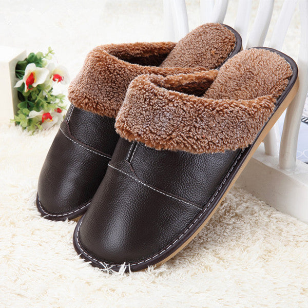 Fayuekey New Fashion Winter Leather Home Slippers Men Indoor Floor Outdoor Slippers Warm Cotton Plush Non-Slip Flat Shoes