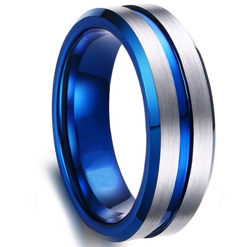 Fdlk  Men'S Fashion 8Mm Black Brushed Ladder Edge Stainless Steel Ring Blue Groove Men Wedding Ring Gifts For Men