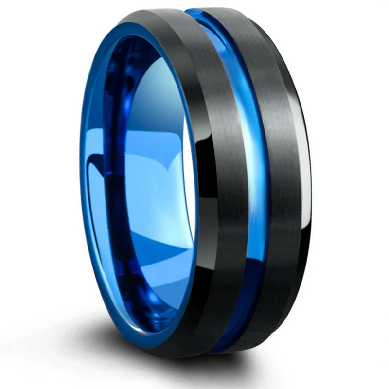 Fdlk  Men'S Fashion 8Mm Black Brushed Ladder Edge Stainless Steel Ring Blue Groove Men Wedding Ring Gifts For Men