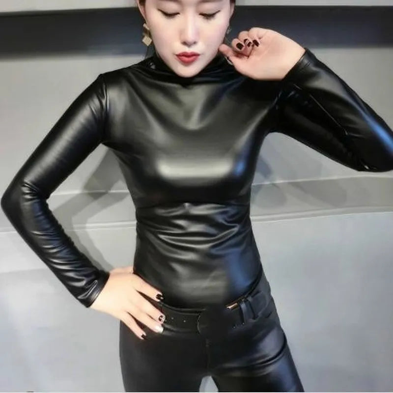 Fashion Autumn Women Pu Leather Tops Shirts Turtleneck Long Sleeve Slim Casual  Plus Siz 4Xl