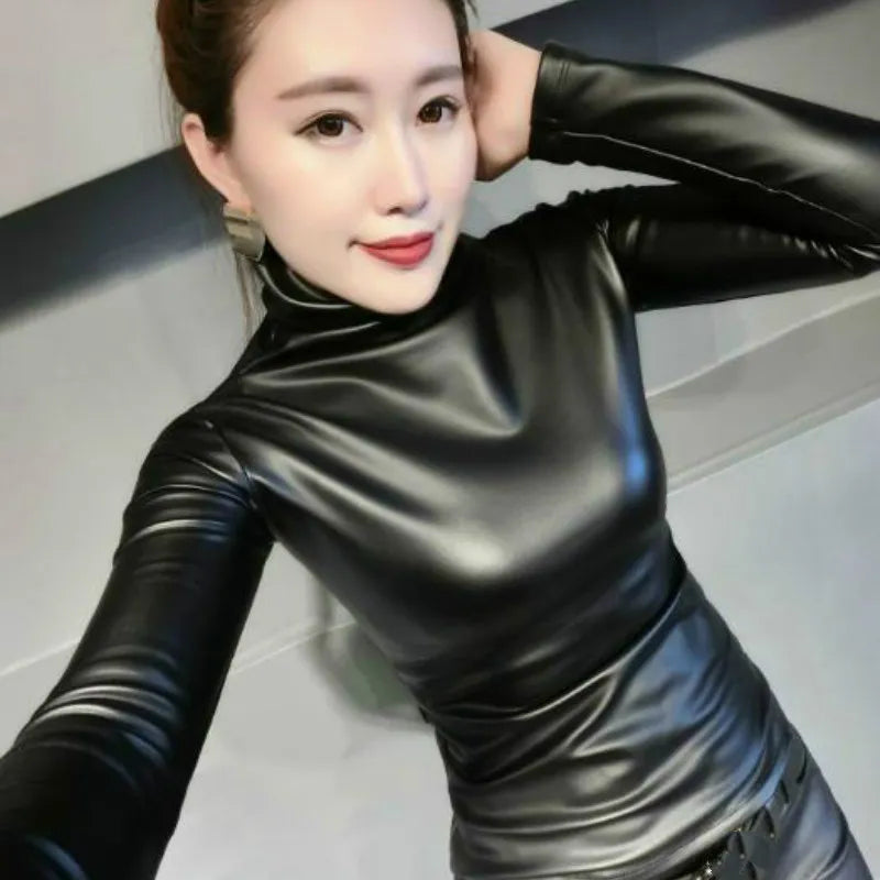 Fashion Autumn Women Pu Leather Tops Shirts Turtleneck Long Sleeve Slim Casual  Plus Siz 4Xl